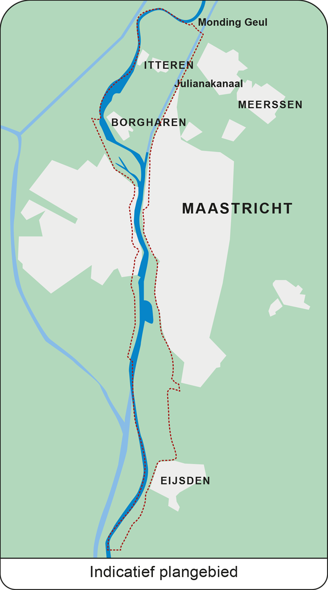 Kaart met daarop het indicatief plangebied van het project 'Zuidelijk Maasdal'.